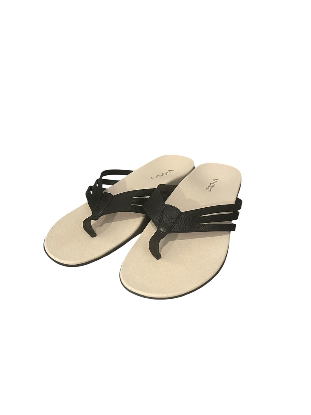 Vionic Alta Toe Post Sandals Black Leather Cream Thong Comfort Shoes 8.5M